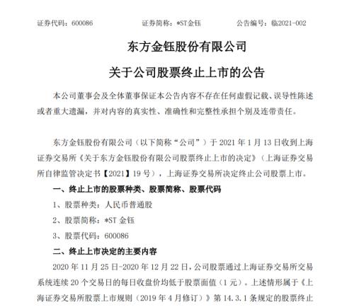 *ST园城收到股票终止上市决定书 6月5日进入退市整理期